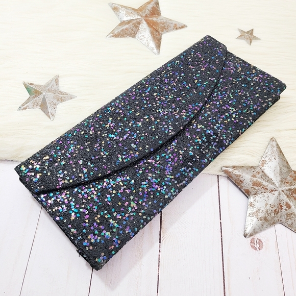 Vintage 60s black rainbow glitter clutch evening bag Lennox Bags foldover
